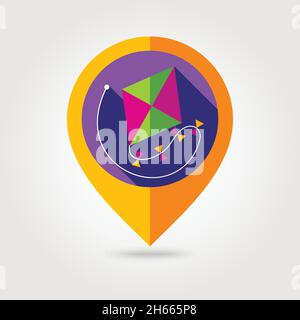 Kite flat mapping pin icon with long shadow, eps 10 Stock Vector