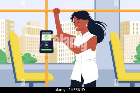 Contactless payment service for ticket, female passenger holding credit card, paying Stock Vector