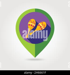 Maracas flat mapping pin icon with long shadow, eps 10 Stock Vector