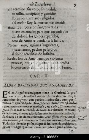 Death of Charles II of Spain (1661-1700). Official days of mourning in the city of Barcelona. Tears of Love, shed by the eminent City of Barcelona... in the magnificent mourning rituals dedicated to the beloved and venerated memory of her deceased King and Lord, don Carlos II… ('Lagrimas amantes de la excelentissima ciudad de Barcelona, con que agradecida a las reales finezas y beneficios, demuestra su amor y su dolor, en las magnificas exequias que celebró a las amadas y venerables memorias de su difunto Rey y Señor, D. Carlos II'). By Josep Rocaberti. Edition in Barcelona, in the printing of Stock Photo