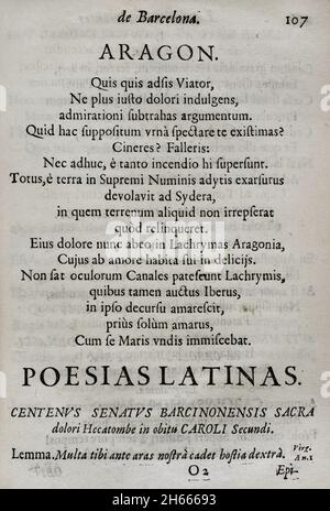 Death of Charles II of Spain (1661-1700). Tears of Love, shed by the eminent City of Barcelona... in the magnificent mourning rituals dedicated to the beloved and venerated memory of her deceased King and Lord, don Carlos II… ('Lagrimas amantes de la excelentissima ciudad de Barcelona, con que agradecida a las reales finezas y beneficios, demuestra su amor y su dolor, en las magnificas exequias que celebró a las amadas y venerables memorias de su difunto Rey y Señor, D. Carlos II'). By Josep Rocaberti. Edition in Barcelona, in the printing of Juan Pablo Marti, by Francisco Barnola, 1701. Histo Stock Photo