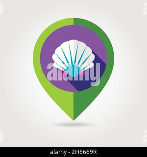 Seashell flat mapping pin icon with long shadow, eps 10 Stock Vector