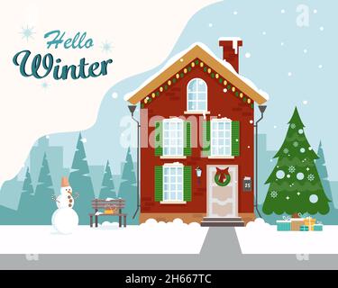 A beautiful house decorated for the holiday with a Christmas tree, a bench, a snowman and gifts. Greeting card. Hello winter. Vector illustration in f Stock Vector