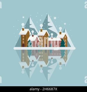 Winter snowy city on a background of mountains. Reflection of houses on ice. Cute vector illustration in flat style. Stock Vector