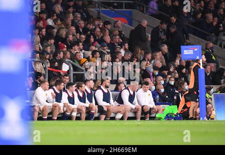 13th November 2021; Twickenham, London, England, Autumn Series International rugby, England versus Australia:  the England replacements wait their turn Stock Photo