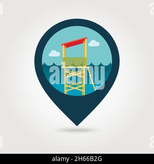 Lifeguard tower vector pin map icon. Beach Map pointer. Summer Map markers. Summertime. Vacation, eps 10 Stock Vector
