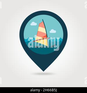Board Windsurfing vector pin map icon. Beach Map pointer. Summer Map markers. Summertime. Vacation, eps 10 Stock Vector