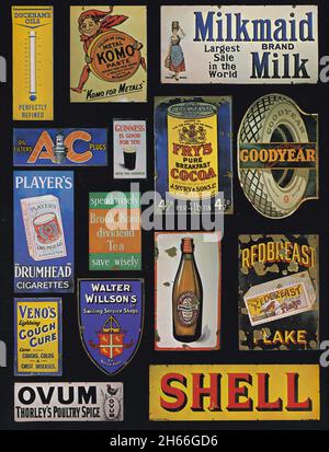 Vintage Enamel Signs of 1900s. Stock Photo