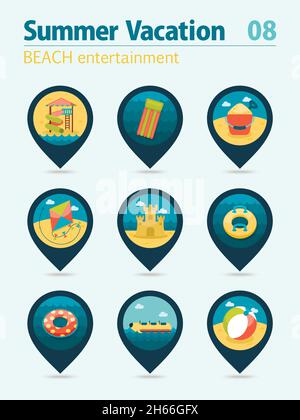 Beach entertainment vector pin map icon set. Summer time Map pointer ...