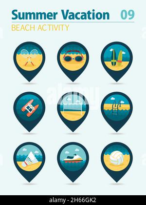 Beach activity vector pin map icon set. Summer time Map pointer. Map ...