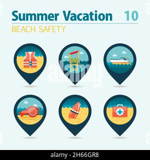 Lifeguard beach safety vector pin map icon set. Summer time Map pointer. Map markers. Vacation, eps 10 Stock Vector