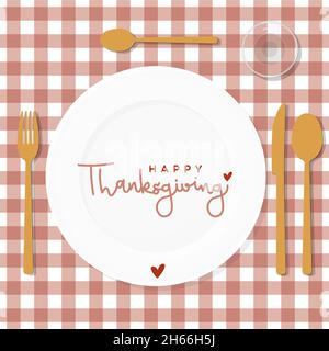Table set for Thanksgiving Day. Golden cutlery, plate and glass. Burgundy checkered tablecloth background pattern. Vector illustration, flat design Stock Vector