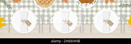 Table setting for Thanksgiving dinner. Cutlery, plates, turkey, pumpkin pie, napkins, leaves and twigs. Green checkered tablecloth on wood table. Top Stock Vector