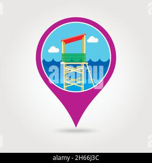 Lifeguard tower vector pin map icon. Beach Map pointer. Summer Map markers. Holiday. Summertime. Vacation, eps 10 Stock Vector