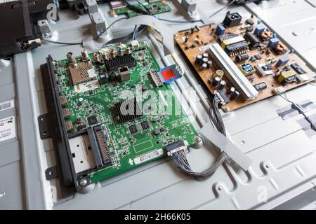 Exposed Electronic control unit and connection ports of a LCD television Stock Photo