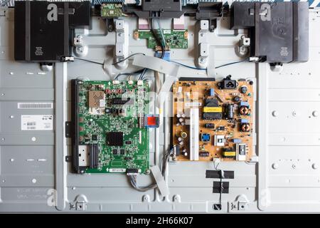 Exposed Electronic control unit and connection ports of a LCD television Stock Photo