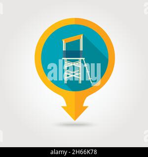 Lifeguard tower vector pin map flat icon with long shadow. Beach Map pointer. Summer Map markers. Holiday. Summertime. Vacation, eps 10 Stock Vector