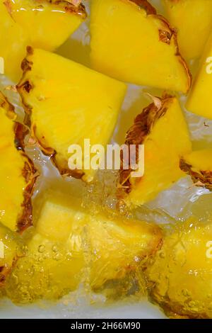 Pineapple close-up in liquid with bubbles. Slices of ripe pineapple in water. Close-up fresh slices of yellow pineapple on white background. Vertical Stock Photo