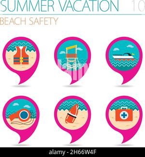 Lifeguard beach safety vector pin map icon set. Summer time Map pointer. Map markers. Vacation, eps 10 Stock Vector