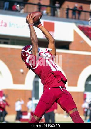 Troy, Alabama, USA. 13th Nov, 2021. Troy Trojans wide receiver Deshon Stoudemire (11) warms up prior to an NCAA football game between the Troy Trojans and the Louisiana-Lafayette Ragin Cajuns at Veterans Memorial Stadium in Troy, Alabama. Brandon Sumrall/CSM/Alamy Live News Stock Photo