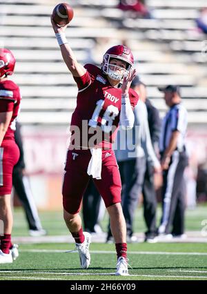 Troy, Alabama, USA. 13th Nov, 2021. Troy Trojans quarterback Gunnar Watson (18) warms up prior to an NCAA football game between the Troy Trojans and the Louisiana-Lafayette Ragin Cajuns at Veterans Memorial Stadium in Troy, Alabama. Brandon Sumrall/CSM/Alamy Live News Stock Photo