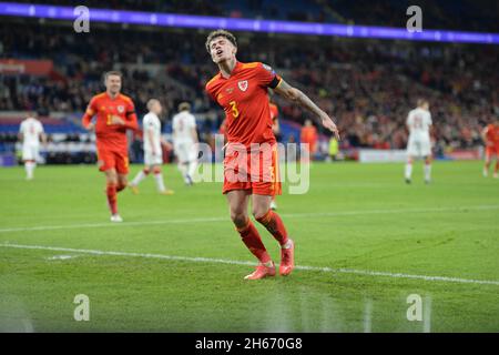 CARDIFF, GBR. NOV 13TH Neco Williams of Wales celebrates after scoring his sides 2nd goal during the FIFA World Cup match between Wales and Belarus at the Cardiff City Stadium, Cardiff on Saturday 13th November 2021. (Credit: Jeff Thomas | MI News) Credit: MI News & Sport /Alamy Live News Stock Photo