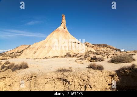 ,The Castidetierra rock formation in the Bardenas Reales natural  park  a Spanish UNESCO semi arid  desert with a lunar landscape in .Navarra Spain Stock Photo