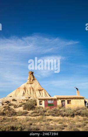 ,The Castidetierra rock formation in the Bardenas Reales natural  park  a Spanish UNESCO semi arid  desert with a lunar landscape in .Navarra Spain Stock Photo