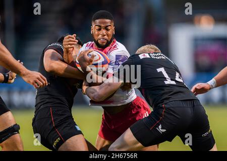 LONDON, UNITED KINGDOM. 13th, Nov 2021. Lennox Anyanwu of Harlequins is tackled during Premiership Rugby Match between Saracens Men and Harlequins at StoneX Stadium on Saturday, 13 November 2021. LONDON ENGLAND.  Credit: Taka G Wu/Alamy Live News Stock Photo