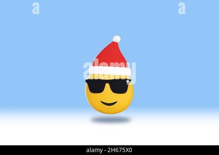 3D illustration cool Christmas emoji in festive hat holidays fun. 3D Render. Stock Photo