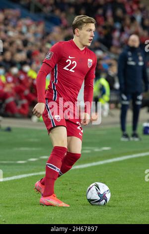 Oslo, Norway 13 November 2021Marcus Holmgren of Norway controls the ball during the FIFA World Cup European football qualification Group G Norway vs Latvia at Ullevaal Stadion in Oslo, Norway. credit: Nigel Waldron/Alamy Live News Stock Photo