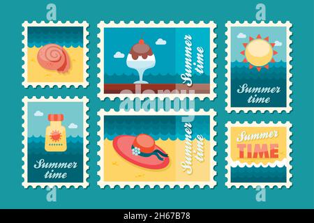 Summertime stamp set flat, vector eps 10 Stock Vector