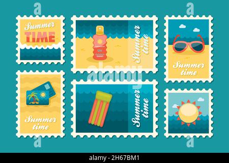 Summertime stamp set flat, vector eps 10 Stock Vector
