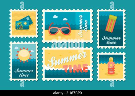Summertime stamp set flat, vector eps 10 Stock Vector