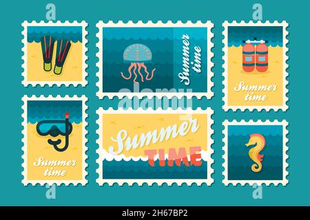 Summertime stamp set flat, vector eps 10 Stock Vector