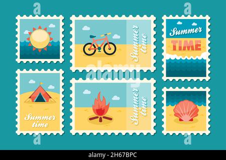 Summertime stamp set flat, vector eps 10 Stock Vector