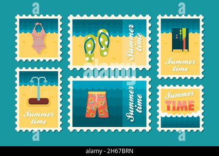 Summertime stamp set flat, vector eps 10 Stock Vector