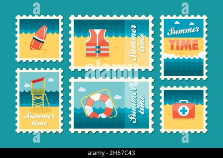 Summertime stamp set flat, vector eps 10 Stock Vector