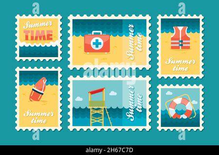 Summertime stamp set flat, vector eps 10 Stock Vector