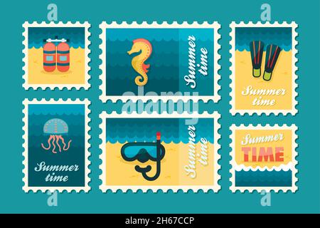 Summertime stamp set flat, vector eps 10 Stock Vector