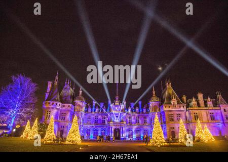 Waddesdon, Buckinghamshire, 13 November 2021 Christmas at Waddesdon is in its 19th year Over 100,000 fairy Lights were  used to decorate it. The award-winning Christmas extravaganza at Waddesdon, the Rothschild House & Gardens in Buckinghamshire, highlights include a light display projected onto the Manor’s façade,Paul Quezada-Neiman/Alamy Live News Stock Photo