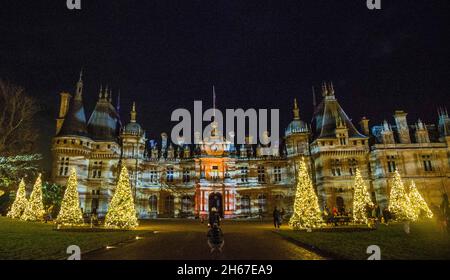 Waddesdon, Buckinghamshire, 13 November 2021 Christmas at Waddesdon is in its 19th year Over 100,000 fairy Lights were  used to decorate it. The award-winning Christmas extravaganza at Waddesdon, the Rothschild House & Gardens in Buckinghamshire, highlights include a light display projected onto the Manor’s façade,Paul Quezada-Neiman/Alamy Live News Stock Photo