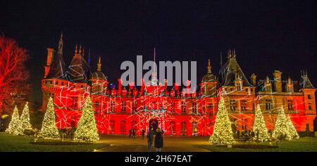 Waddesdon, Buckinghamshire, 13 November 2021 Christmas at Waddesdon is in its 19th year Over 100,000 fairy Lights were  used to decorate it. The award-winning Christmas extravaganza at Waddesdon, the Rothschild House & Gardens in Buckinghamshire, highlights include a light display projected onto the Manor’s façade,Paul Quezada-Neiman/Alamy Live News Stock Photo