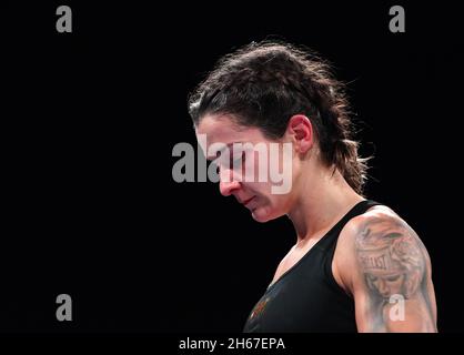 Terri Harper reacts after defeat by knockout from Alycia Baumgardner in the World Boxing Council World Female Super Feather Title bout at Sheffield Arena. Picture date: Saturday November 13, 2021. Stock Photo