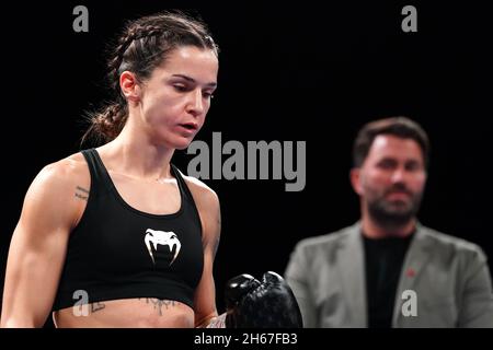 Terri Harper reacts after defeat by knockout from Alycia Baumgardner in the World Boxing Council World Female Super Feather Title bout at Sheffield Arena. Picture date: Saturday November 13, 2021. Stock Photo