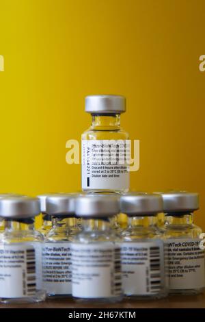 London, UK. 07th Sep, 2021. Vials containing Pfizer/BioNTech booster Covid-19 jab at a vaccination centre. (Photo by Dinendra Haria/SOPA Images/Sipa USA) Credit: Sipa USA/Alamy Live News Stock Photo