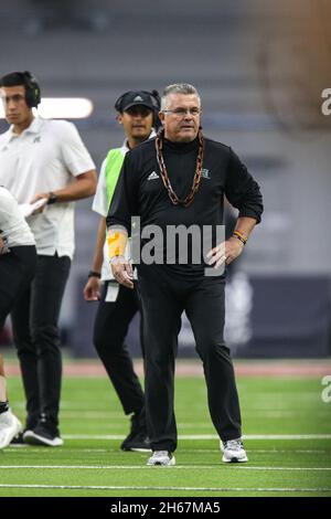 November 13, 2021: Hawaii Warriors head coach Todd Graham in action during the NCAA football game featuring the Hawaii Warriors and the UNLV Rebels at Allegiant Stadium in Las Vegas, NV. The UNLV Rebels and the Hawaii Warriors are tied at halftime 10 to 10. Christopher Trim/CSM.