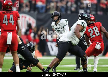 November 13, 2021: Hawaii Warriors place kicker Matthew Shipley (2) misses an field goal during the NCAA football game featuring the Hawaii Warriors and the UNLV Rebels at Allegiant Stadium in Las Vegas, NV. The UNLV Rebels and the Hawaii Warriors are tied at halftime 10 to 10. Christopher Trim/CSM.