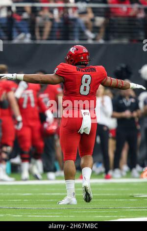 November 13, 2021: UNLV Rebels linebacker Kylan Wilborn (8) celebrates after a sack during the NCAA football game featuring the Hawaii Warriors and the UNLV Rebels at Allegiant Stadium in Las Vegas, NV. The UNLV Rebels and the Hawaii Warriors are tied at halftime 10 to 10. Christopher Trim/CSM. Stock Photo