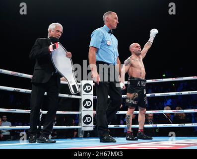 Kiko Martinez (right) celebrates victory against Kid Galahad in the International Boxing Federation World Feather Title bout at Sheffield Arena. Picture date: Saturday November 13, 2021. Stock Photo